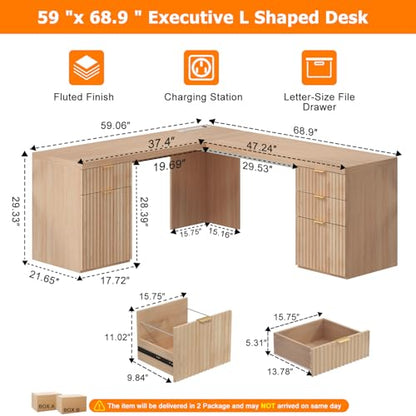 69" Modern L Shaped Executive Desk with Charging Station & File Drawer, Fluted Wood Home Office Corner Desk with Storage Cabinet and Drawers, Large Corner Computer Desk Writing Desk, Natural Oak