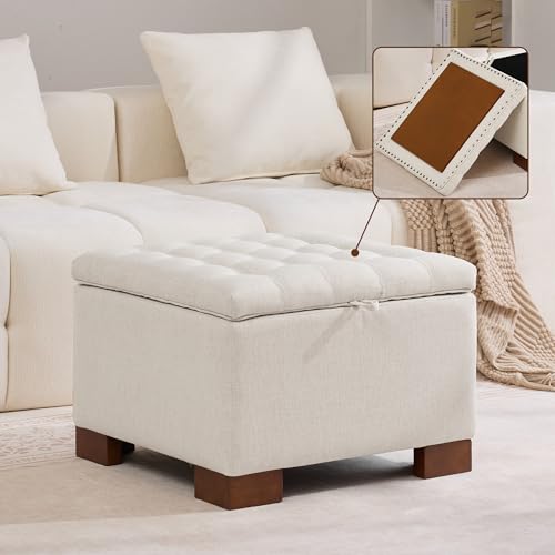 24" Square Fabric Storage Ottoman with Wooden Tray Top, Modern Tufted Button Upholstered Footstool Coffee Table, Multifunctional Small Storage Ottoman for Living Room Bedroom, Beige