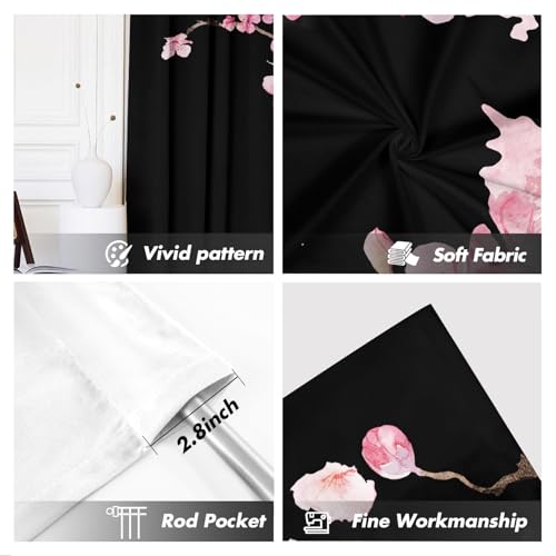Pink Cherry Blossom Window Curtains 42" W x 63" L Black Floral Sakura Tree Japanese Anime Gothic Style Rod Pocket Drapes for Living Room Bedroom Fabric 2 Panels