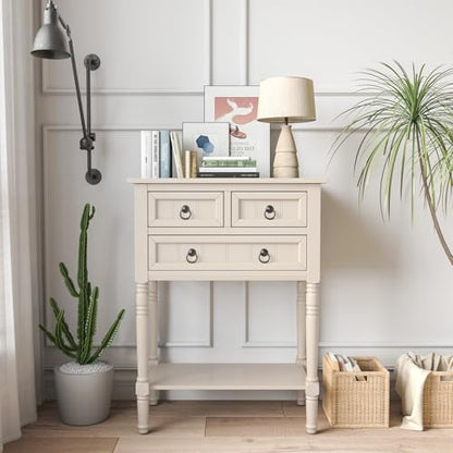 Entryway Table with Storage, Rustic Small Console Table w/ 3 Drawers & Open Bottom Shelf, Skinny Wood Console Table, Narrow Sofa Side Table for Living Room, Foyer, Hallway, Entry Table, Beige