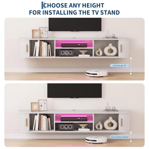 Takwep 70" Floating TV Stand with Storage,Fluted Entertainment Center White, view 3