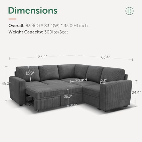 Modular Sectional Sleeper Sofa with Pull Out Bed, Corduroy L Shaped Couch with Storage Seats, Convertible Sectional Couches for Living Room, Dark Grey