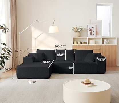104" Cloud Sectional Couch with L Shape Chaise,Modular Sofa with Deep Seat, Upholstered Couches for Living Room Bedroom,No Assembly Required, Black (Innovative Chenille Fabric)