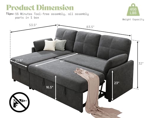 AMEILIFE Sofa Bed, Sleeper Sofa with Storage Chaise, Convertible Sofa Bed with Pull Out Couch, l Shaped Couch for Living Room-Gray Linen