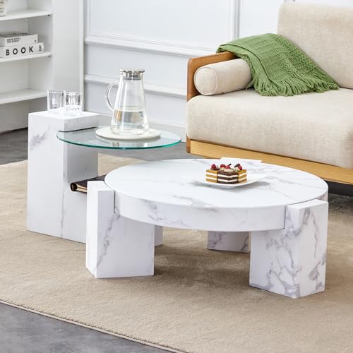 A Modern, Fashionable, and Marble texturedcoffee Table with a Side Table. Match with Multiple Scenes. Suitable for Living Room and Bedroom.