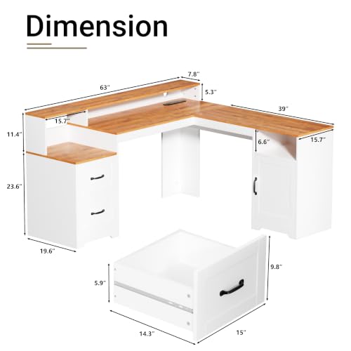 63" 2 Drawers Home Office Desks, File Cabinet Computer Charge Desk L Shape, view 3