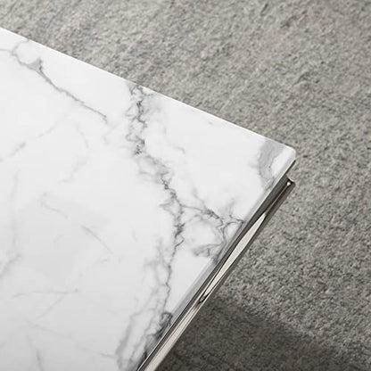 Modern Marble Coffee Table, Rectangular White and Silver with U-Shape Stainless Steel Base with Silver Mirrored Finish for Living Room, Simple Assembly (Silver3)