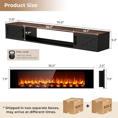 Floating TV Stand with 36" Electric Fireplace, view 3