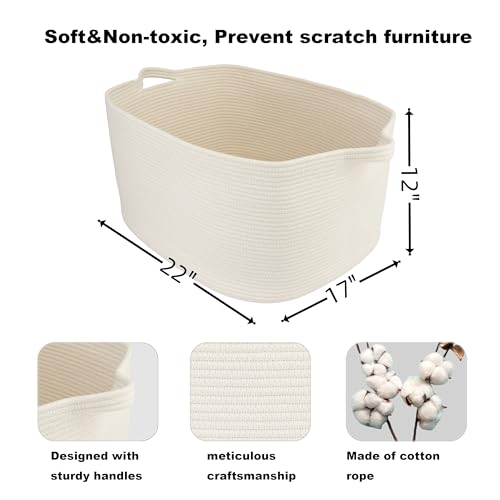 Large Rectangle Blankets Basket Living Room 22"x17"x12" Woven Cotton Rope Storage Baskets for Nursery Toy Baskets for Kids and Dogs Laundry Basket Bin for Clothes Towels white