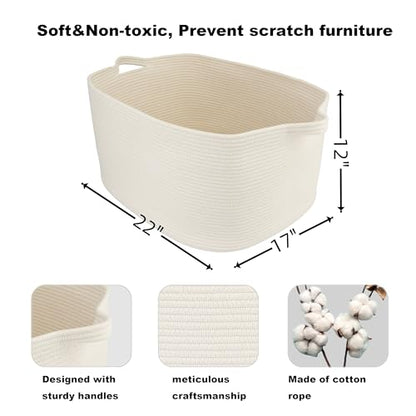 Large Rectangle Blankets Basket Living Room 22"x17"x12" Woven Cotton Rope Storage Baskets for Nursery Toy Baskets for Kids and Dogs Laundry Basket Bin for Clothes Towels white