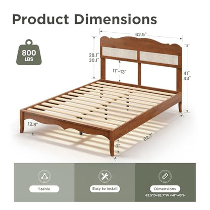 Queen Bed Frame with Headboard, Solid Wood Bedframe, view 3
