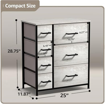 Dresser with 7 Faux Wood Drawers - Storage Unit Organizer Chest for Clothes - Bedroom, Hallway, Living Room, Closet, & Dorm Furniture - Steel Frame, Wood Top, & Easy Pull Fabric Bins