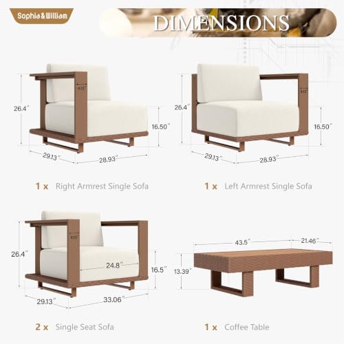 HDPE Patio Furniture Set, Modern Outdoor Sectional Sofa Set with 9.8" Cushions and 43.5" Wood Grain Coffee Table, Deep Seating Outdoor Conversation Set for Backyard(Beige, 5 Pieces)