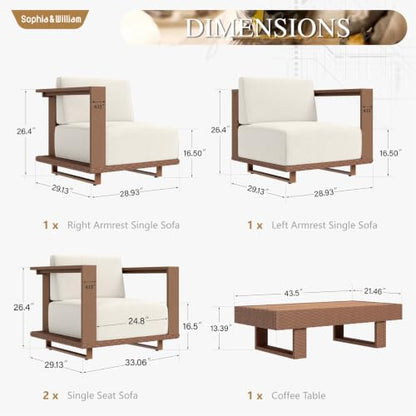 HDPE Patio Furniture Set, Modern Outdoor Sectional Sofa Set with 9.8" Cushions and 43.5" Wood Grain Coffee Table, Deep Seating Outdoor Conversation Set for Backyard(Beige, 5 Pieces)