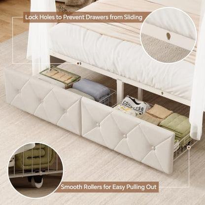 Queen Size Canopy Bed Frame with Charging Station and LED Lights, view 8