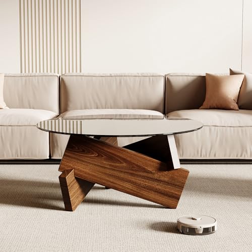 Modern Round Coffee Table, 30.7" x 30.7" x 16.1" Tempered Glass Top for Living Room, Color: Walnut