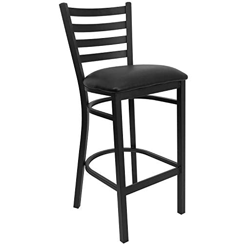 Hercules Series Ladder Back Metal Restaurant Barstool, Modern Upholstered Armless Bar Height Chair for Restaurants and Kitchens, Black