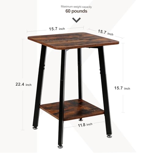 King Oasis Small Side Table for Small Spaces, 2-Tier End Table with Storage Shelf, 15.7-Inch Square Wood and Metal Nightstand for Living Room or Bedroom, Rustic Brown