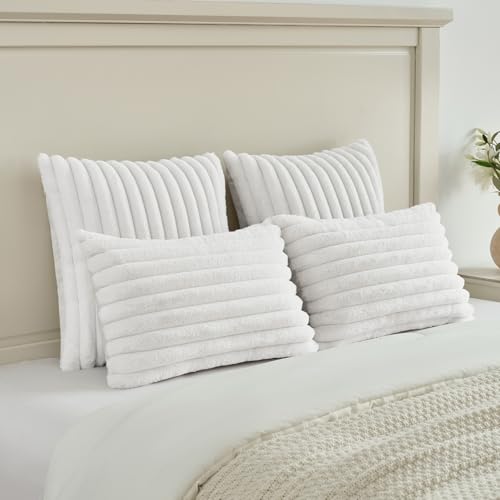 Pack of 2 Fluffy Faux Fur Throw Pillow Covers 18x18 Inch Elegant Striped Textured Decorative Cushion Cases Modern Accent Pillow for Couch Bed Living Room, White