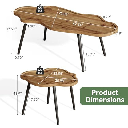 Nesting Coffee Table Set of 2, Solid Wood Coffee Tables with Cloud Tabletop, Stacking Accent Tables with Adjustable Non-Slip Feet for Living Room, Bedroom & Small Space, Rustic Brown