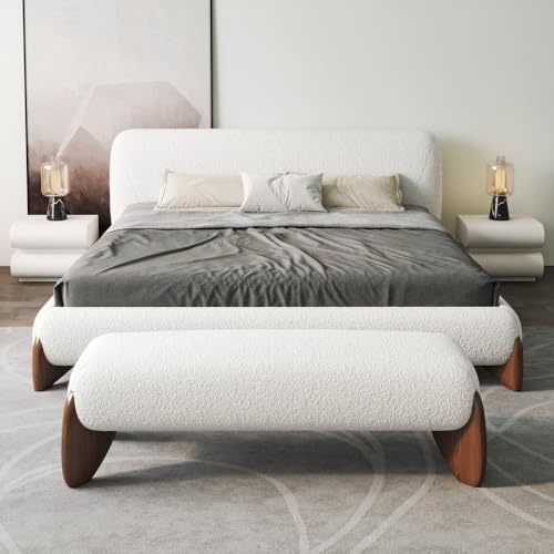 Modern Bedroom Furniture Set 2 Piece, White Boucle Queen Size Platform Bed Set & Bedroom Bench with Solid Rubber Wood Legs, Upholstered Headboard for Master Suite or Guest Room