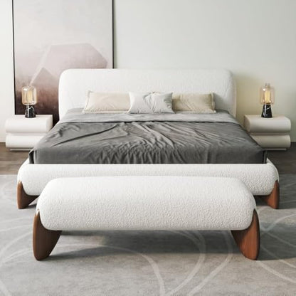 Modern Bedroom Furniture Set 2 Piece, White Boucle Queen Size Platform Bed Set & Bedroom Bench with Solid Rubber Wood Legs, Upholstered Headboard for Master Suite or Guest Room