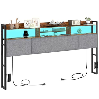 King Size Upholstered Headboard with 2 Outlets and LED Lights, view 3