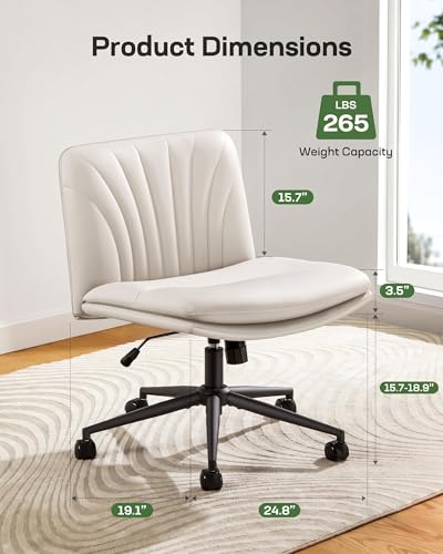 Armless-Office Desk Chair with Wheels: PU Leather Cross Legged Wide Chair, view 6