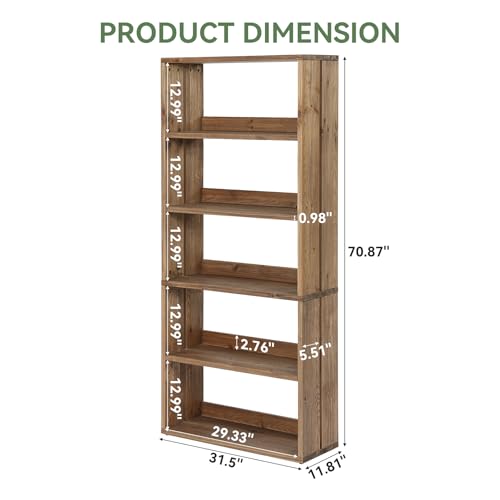 Solid Wood Bookshelf, 5-Tier Farmhouse Bookcase with Storage, view 3