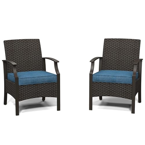 Outdoor Wicker Chairs Set of 2, Wicker Patio Seating with Olefin Cushion for Front Porch Small Balcony Outside (Peacock Blue)