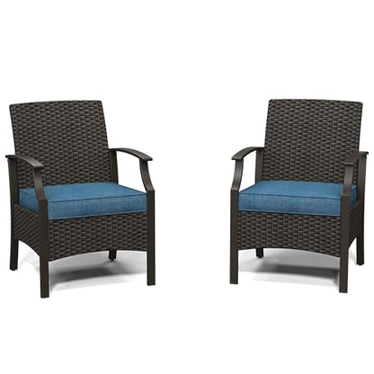 Outdoor Wicker Chairs Set of 2, Wicker Patio Seating with Olefin Cushion for Front Porch Small Balcony Outside (Peacock Blue)
