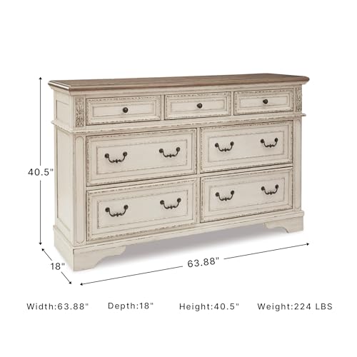 Signature Design by Ashley Realyn French Country 7 Drawer Dresser, Two-Tone Chipped White and Distressed Wood Finish, Smooth-Gliding Bedroom Storage, Ideal for Master Suites, 64" W