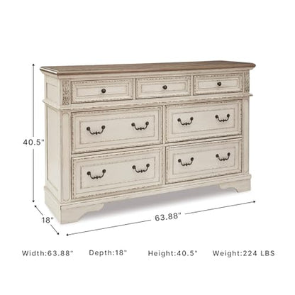 Signature Design by Ashley Realyn French Country 7 Drawer Dresser, Two-Tone Chipped White and Distressed Wood Finish, Smooth-Gliding Bedroom Storage, Ideal for Master Suites, 64" W