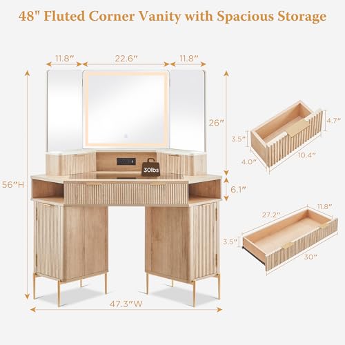 48" Corner Makeup Vanity with Lighted Triple Mirror, Natural Oak, view 3
