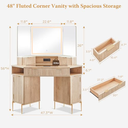 48" Corner Makeup Vanity with Lighted Triple Mirror, Natural Oak, view 3