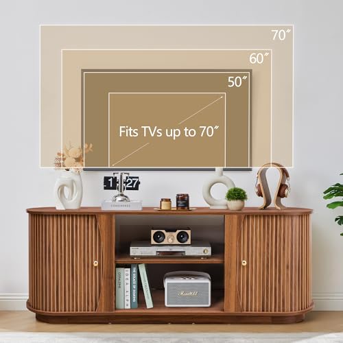 Turtle & Myrtle 63" Mid Century Modern TV Stand for Tvs up to 70", Fluted TV Media Console Table with Storage and Adjustable Shelves, Curved Edge Entertainment Center for Living Room (Brown)
