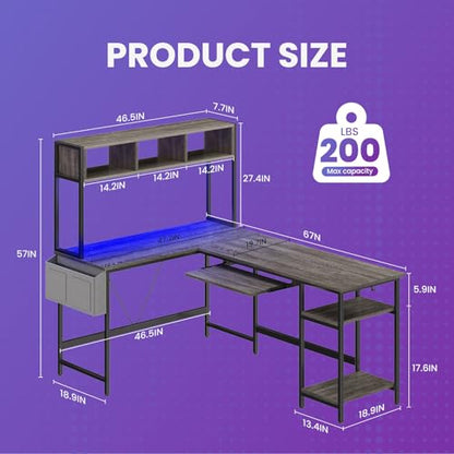 67" L Shaped Gaming Desk, Reversible Computer Desks with LED Lighting, view 4
