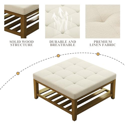 Large Square Ottoman Coffee Table, Linen Solid Upholstered Footrest Ottoman with Solid Wood Shelf Storage Tufted Coffee Table for Bedroom Living Room, Ivory