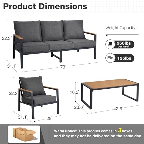 Patio Furniture Set, 4 Pieces Outdoor Furniture Patio Conversation Set with High Back, Faux-Wood Armrest and Tabletop, Outdoor Couch Patio Sofa Set for Balcony, Porch, Backyard, Grey
