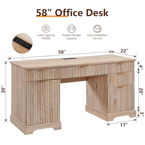 58" Modern Wood Executive Desk with 5 Drawers & 1 Cabinet, Built‑in Outlet, view 3