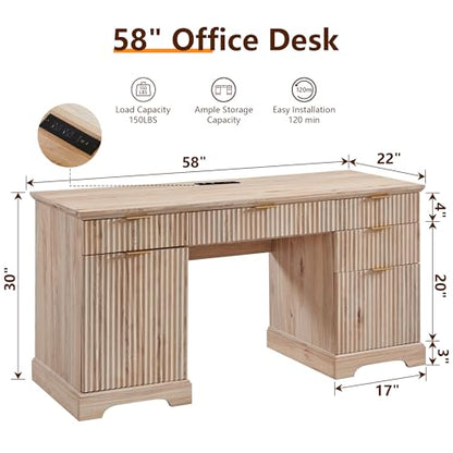 58" Modern Wood Executive Desk with 5 Drawers & 1 Cabinet, Built‑in Outlet, view 3