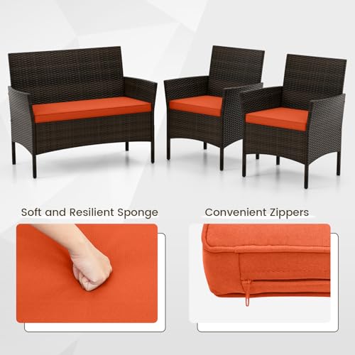 Wicker Patio Furniture Set 4 Piece, Outdoor PE Rattan Table & Chairs Set with Tempered Glass Coffee Table, Loveseat, Cushions, Conversation Set for Balcony, Porch, Backyard, Deck, Orange