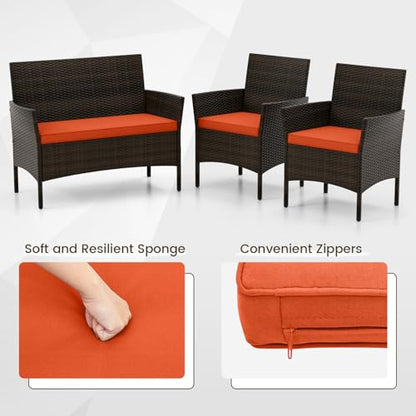 Wicker Patio Furniture Set 4 Piece, Outdoor PE Rattan Table & Chairs Set with Tempered Glass Coffee Table, Loveseat, Cushions, Conversation Set for Balcony, Porch, Backyard, Deck, Orange