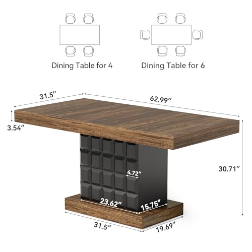 63" Modern Dining Table, Rectangular Dinner Table for 4-6, Farmhouse Kitchen Table, Sturdy Wood Pedestal Base for Kitchen/Dining Room, Rustic Brown & Black