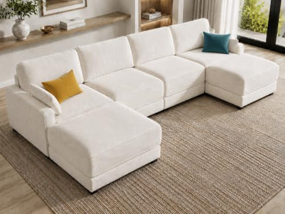 160" Oversized Modular Sectional Sofa, U Shaped Couch Set with 2 Pillows, 6 Seat Comfy Cloud Couches with 2 Movable Ottomans for Living Room, Bedroom and Apartment, Chenille Beige