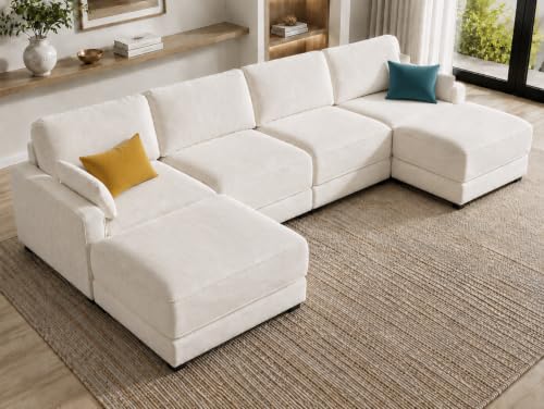 160" Oversized Modular Sectional Sofa, U Shaped Couch Set with 2 Pillows, 6 Seat Comfy Cloud Couches with 2 Movable Ottomans for Living Room, Bedroom and Apartment, Chenille Beige