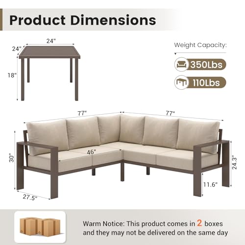 6 Piece Patio Furniture Set, Metal Outdoor Sectional Sofa with 6" Thick Olefin Cushions, Wide Armrest & Coffee Table, L Shaped Outdoor Furniture for Garden, Backyard Beige