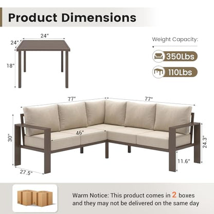 6 Piece Patio Furniture Set, Metal Outdoor Sectional Sofa with 6" Thick Olefin Cushions, Wide Armrest & Coffee Table, L Shaped Outdoor Furniture for Garden, Backyard Beige