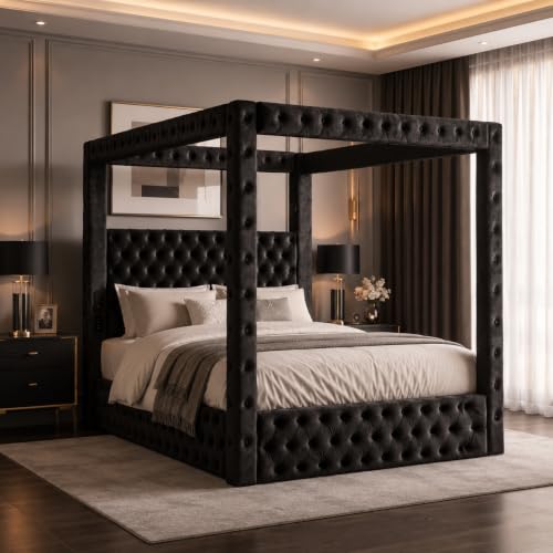 Queen Size Canopy Bed Frame, Velvet Upholstered Bed with Headboard, Black, view 7