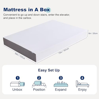 Plush Memory Foam Mattress, Breathable, 8 Inch, Full, White/Grey, 75 x 54 x 8 inches